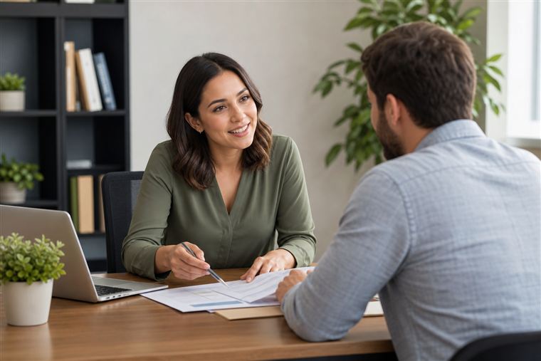 Atendente orientando um cliente sobre documentos